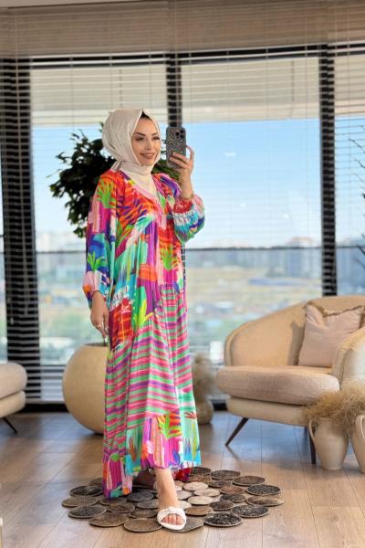 25EL045 Desenli V Yaka Elbise Ekru