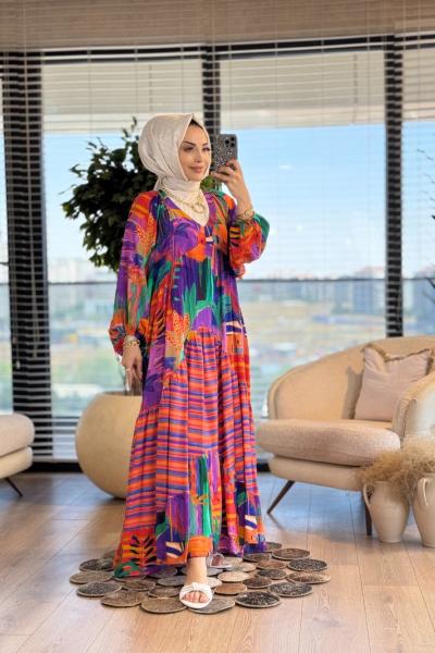 25EL045 Desenli V Yaka Elbise Mor