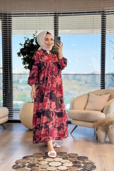 25EL302 Batık Desen Elbise Bordo