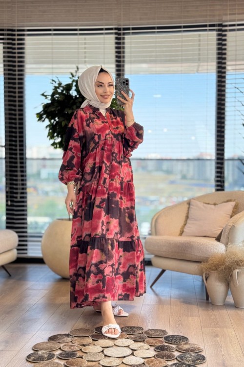 25EL302 Batık Desen Elbise Bordo