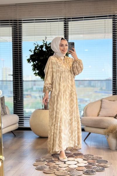 25EL375 Kendinden Desenli Simli Elbise Bej