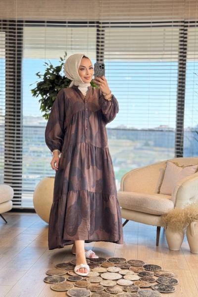 25EL396 Oval Desen V Yaka Elbise Kahve