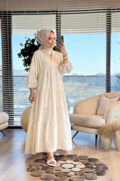 25EL428 Üstü Sim Kordon Nakışlı Elbise Bej