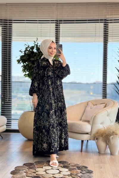 25EL428 Üstü Sim Kordon Nakışlı Elbise Siyah