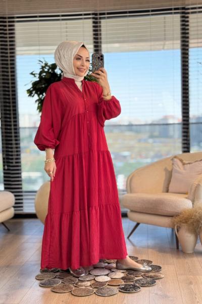 25EL432 Gofre V Yaka Elbise Kırmızı