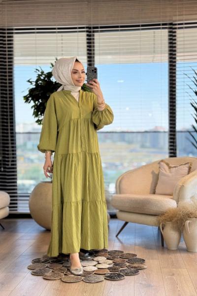 25EL432 Gofre V Yaka Elbise Yağ Yeşili