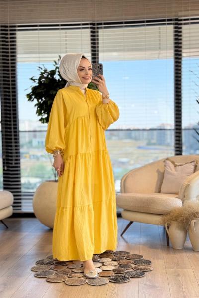 25EL432 Gofre V Yaka Elbise Sarı
