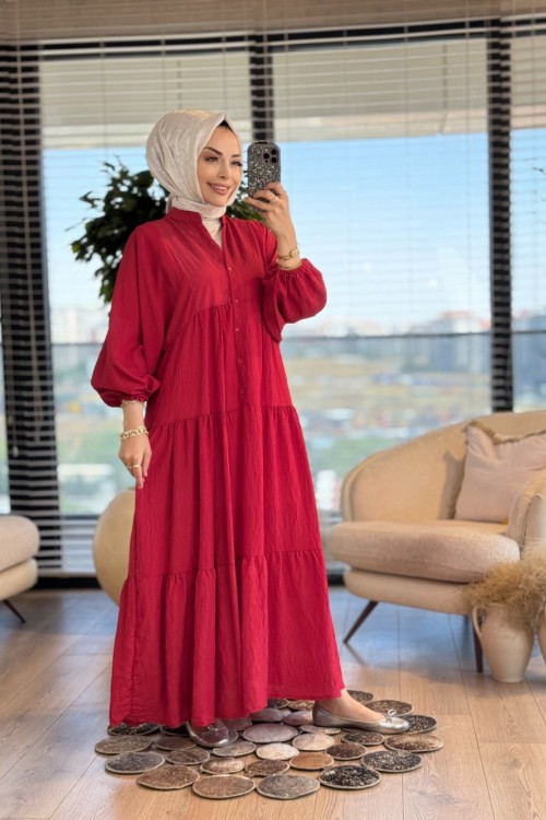 25EL432 Gofre V Yaka Elbise Kırmızı