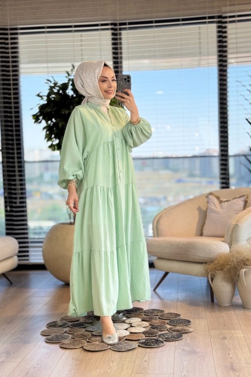 25EL432 Gofre V Yaka Elbise Mint