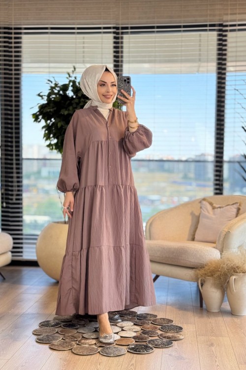 25EL432 Gofre V Yaka Elbise Vizon
