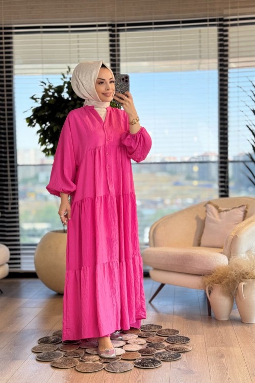25EL432 Gofre V Yaka Elbise Fuşya