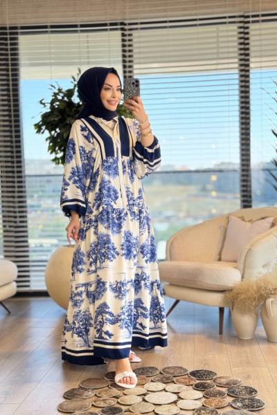 25EL437 Ağaç Desenli V Yaka Elbise Lacivert