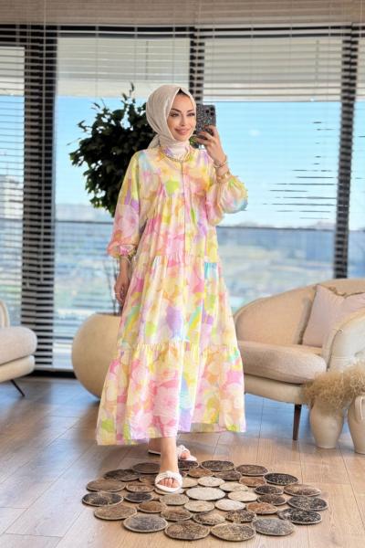 25EL459-1 Renkli V Yaka Düğmeli Elbise Sarı