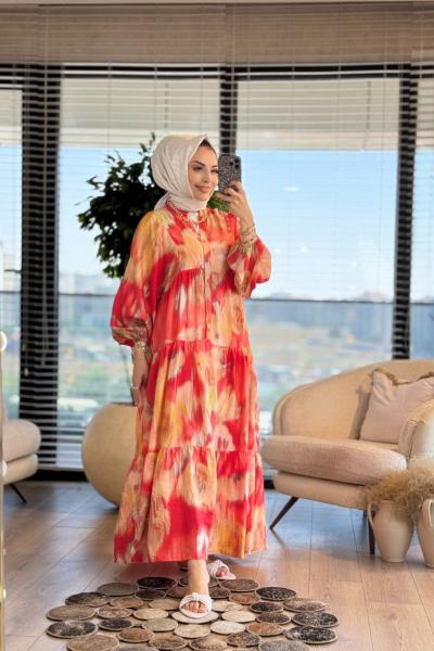 25EL459-2 Desenli V Yaka Düğmeli Elbise Mercan