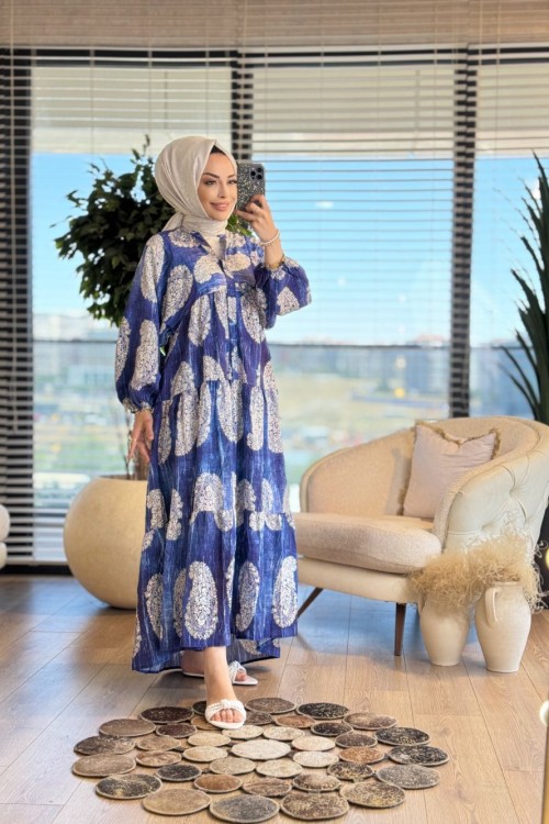 25EL459 Motif Desen V Yaka Elbise Lacivert