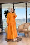 25EL463 V Yaka Düğmeli Düz Elbise Oranj