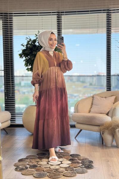 25EL467 Batik Desen Parçalı Elbise Kahve