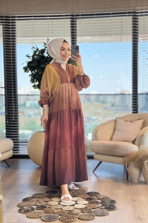 25EL467 Batik Desen Parçalı Elbise Kahve