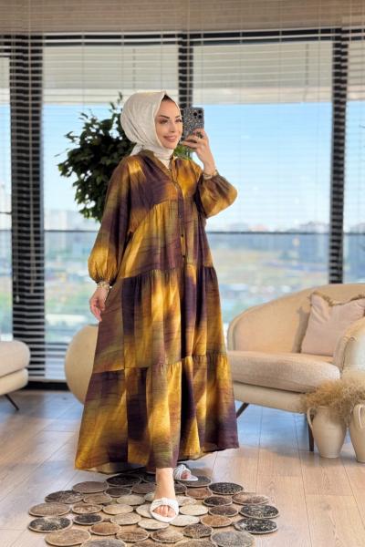 25EL471 Batik Desen V Yaka Elbise Yağ Yeşili