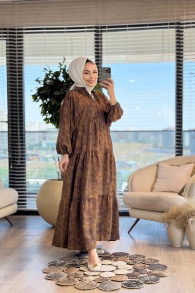 25EL472 Batık Desen Elbise Kahve