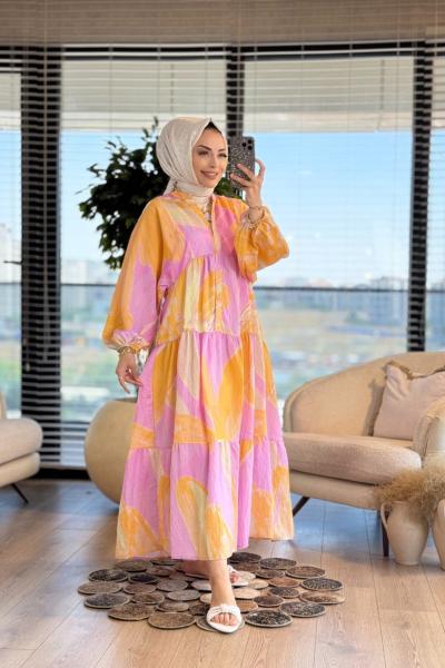 25EL490-1 Batik Desenli V Yaka Elbise Oranj Lila