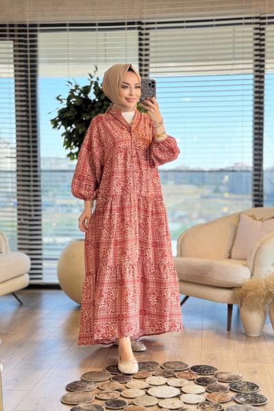 25EL500 Kare İçi Dal Desenli Elbise Kahve