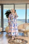 25EL502 Batik Desen V Yaka Düğmeli Elbise Saks