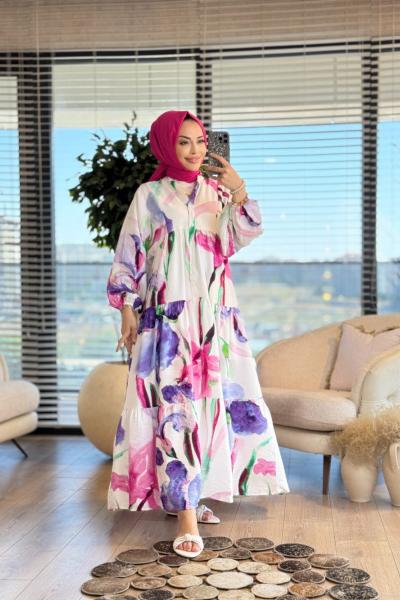 25EL507 Desenli V Yaka Düğmeli Elbise Ekru Fuşya