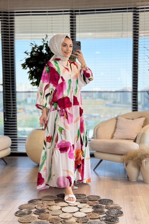 25EL507 Desenli V Yaka Düğmeli Elbise Bordo