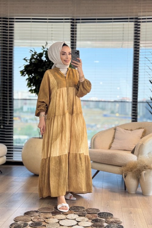 25EL511 Batık Desen Elbise Yağ Yeşili