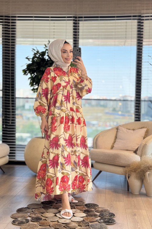 25EL512 Zambak Desenli Elbise Bej Mercan