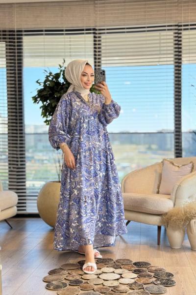 25EL519 Motif Desenli Elbise Lacivert