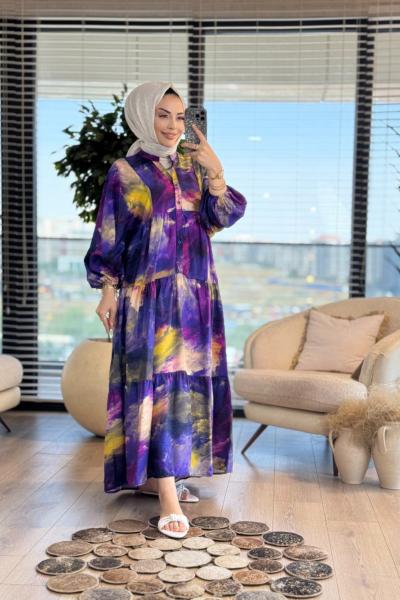 25EL520 Batık Desen Elbise Mor