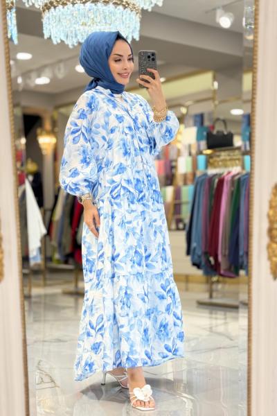 25EL521 Batik Yaprak Desenli V Yaka Elbise Mavi