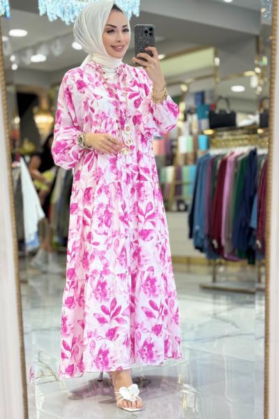 25EL521 Batik Yaprak Desenli V Yaka Elbise Fuşya