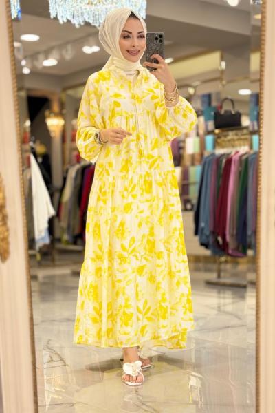 25EL521 Batik Yaprak Desenli V Yaka Elbise Sarı