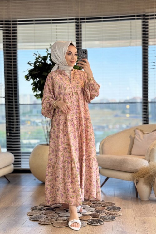 25EL534 Çiçek Desenli V Yaka Elbise Pudra