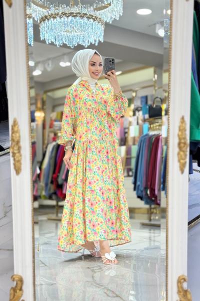 25EL537 Çiçek Desenli V Yaka Elbise Sarı Yeşil