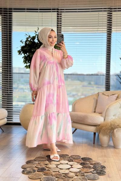 25EL540 Batik Desenli V Yaka Desenli Düğmeli Elbise Pembe