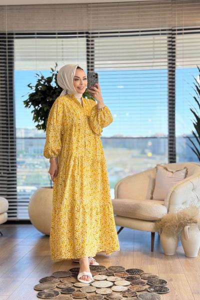 25EL541 Küçük Çiçek Desenli V Yaka Düğmeli Elbise Sarı