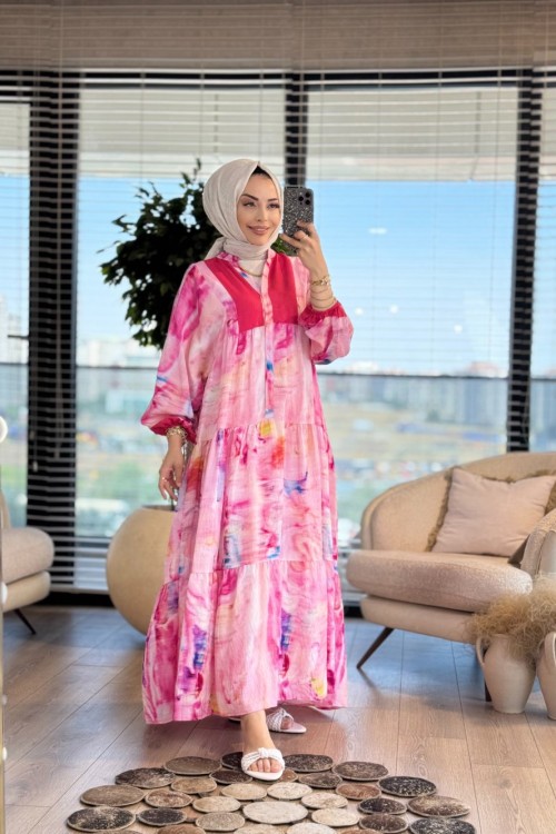 25EL542 Batik Desen Yaka Düz Elbise Fuşya