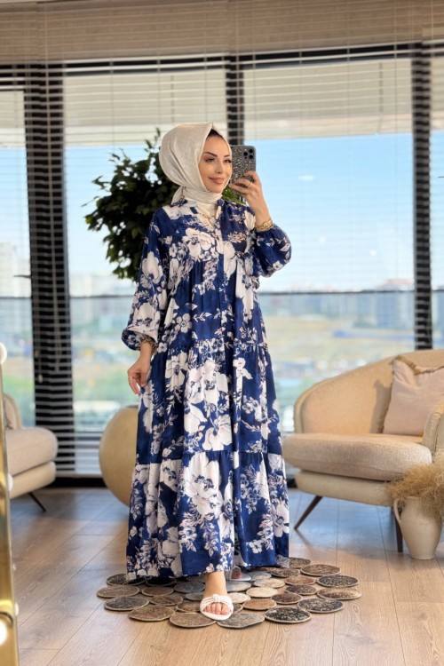 25EL544 Desenli V Yaka Patı Düğmeli Elbise Lacivert