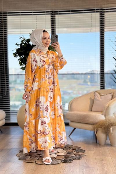 25EL544 Desenli V Yaka Patı Düğmeli Elbise Hardal