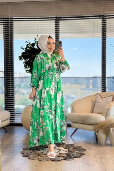 25EL544 Desenli V Yaka Patı Düğmeli Elbise Benetton