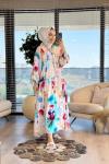 25EL552 Renkli Batik Desen V Yaka Elbise Bej Kiremit