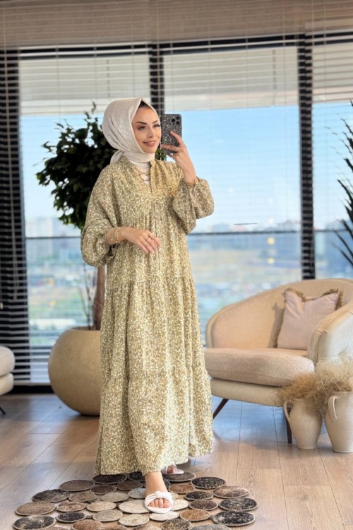 25EL556 Çıtır Çiçekli Elbise Yağ Yeşili