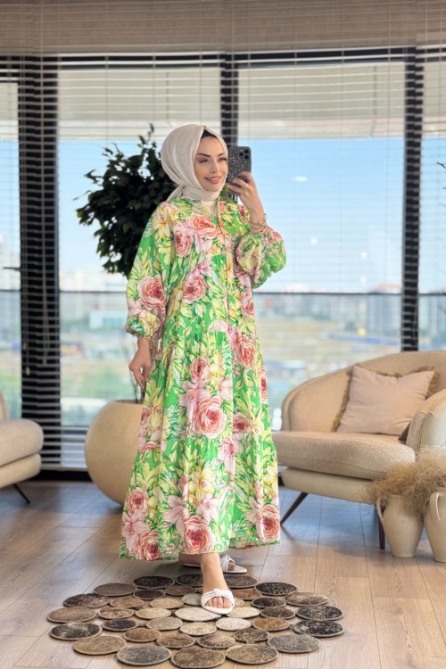 25EL566 Büyük Çiçek Desenli Elbise Yeşil