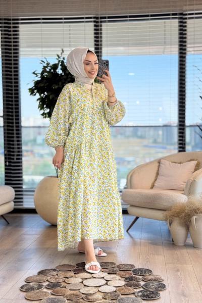 25EL571 Çiçek Desen V Yaka Patı Düğmeli Elbise Yağ Yeşili