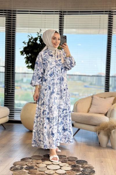 25EL587 Kelebek Ve Çiçek Desenli Elbise Ekru Lacivert