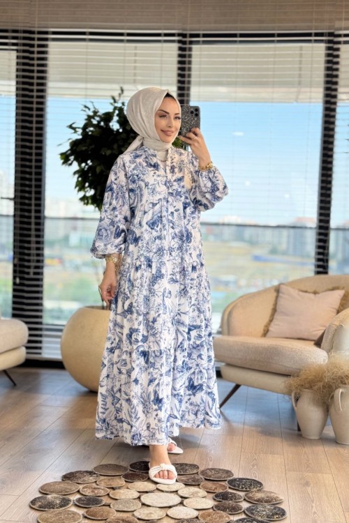 25EL587 Kelebek Ve Çiçek Desenli Elbise Ekru Lacivert